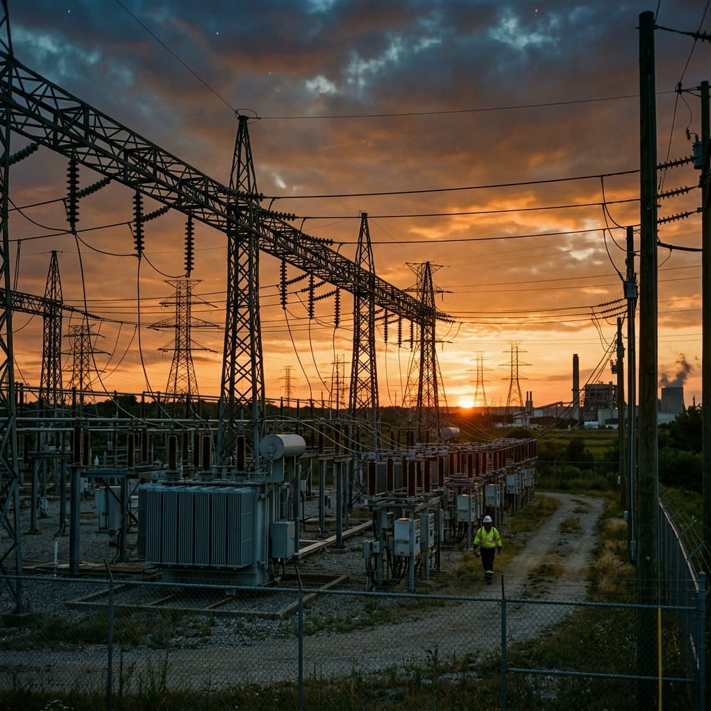 Energy infrastructure with power distribution equipment at sunset.
