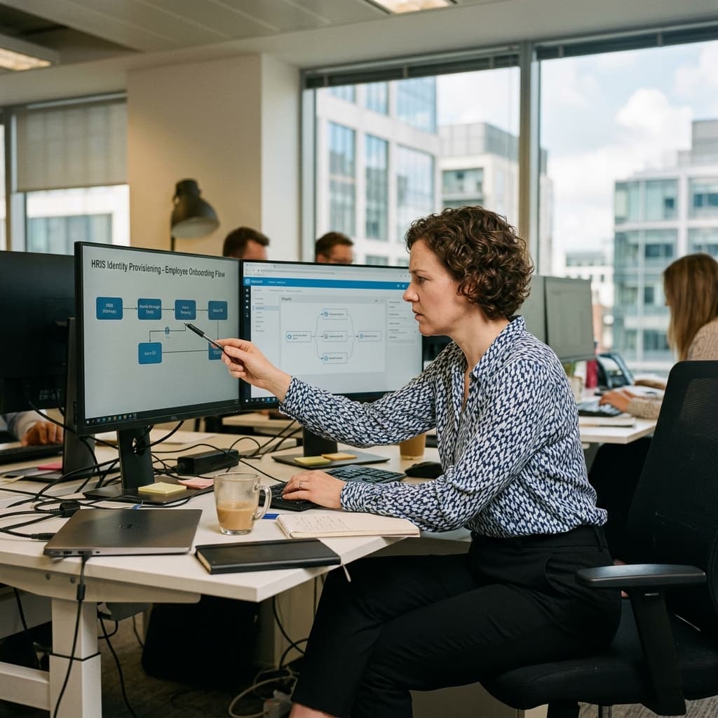 Integration architect reviewing HRIS identity provisioning and iPaaS connections on a screen.
