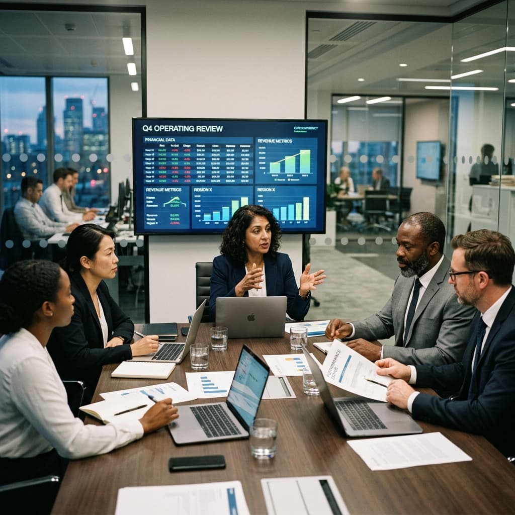 Diverse leadership team collaborating at a conference table during an operating review in a modern corporate office.