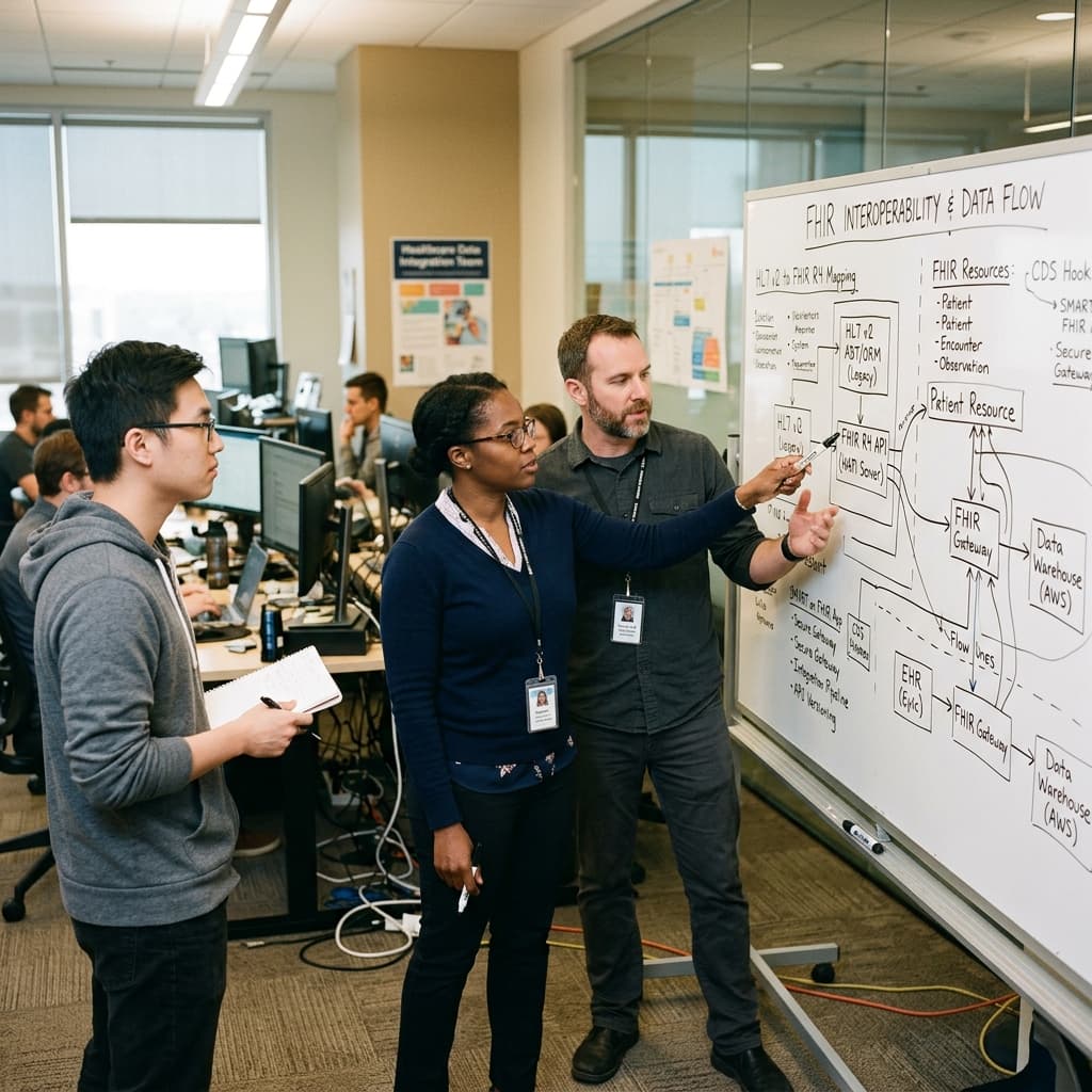 Healthcare technologists reviewing a healthcare data flow and FHIR interoperability diagram on a whiteboard.