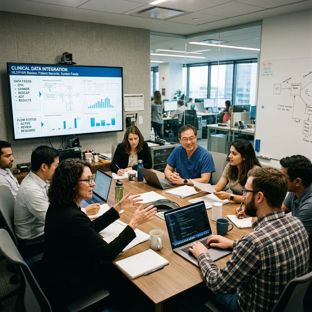 Healthcare professionals and IT engineers reviewing clinical data integration information in an office meeting.