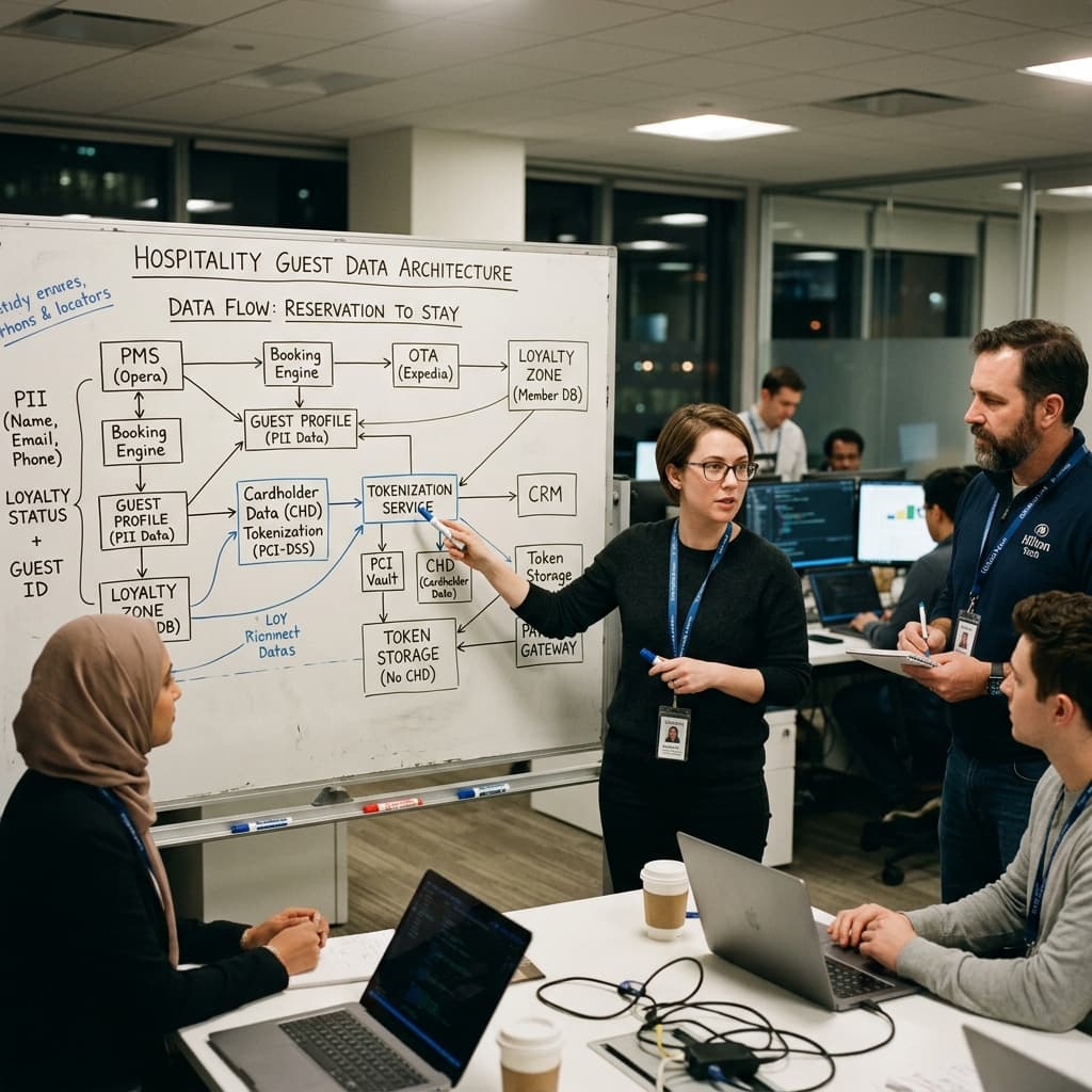 IT professionals reviewing a hospitality guest data architecture diagram detailing PII, loyalty zones, and cardholder tokenization on a whiteboard.