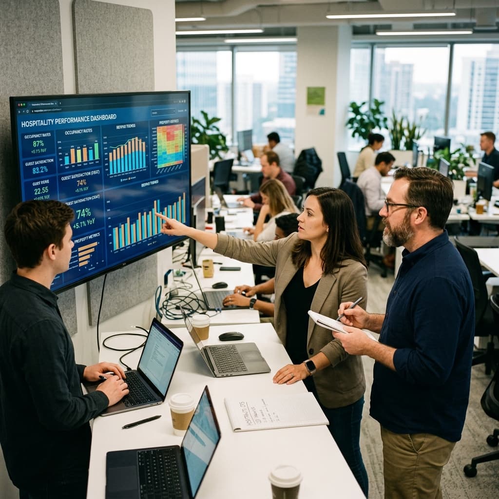 Hospitality operations analysts reviewing dashboards and performance metrics on large displays in an office.