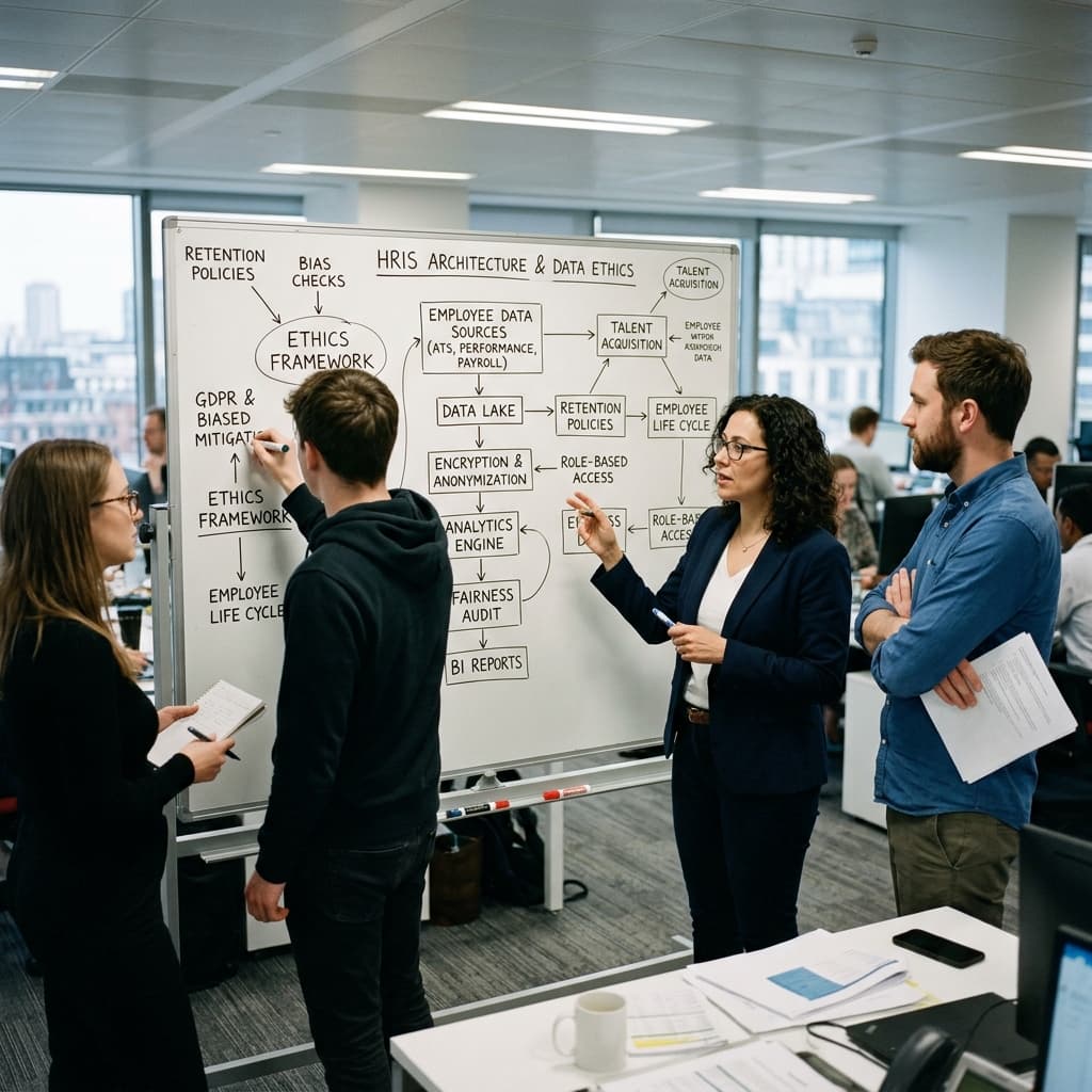 HR analytics professionals reviewing a workforce data ethics and HRIS architecture diagram on a whiteboard.