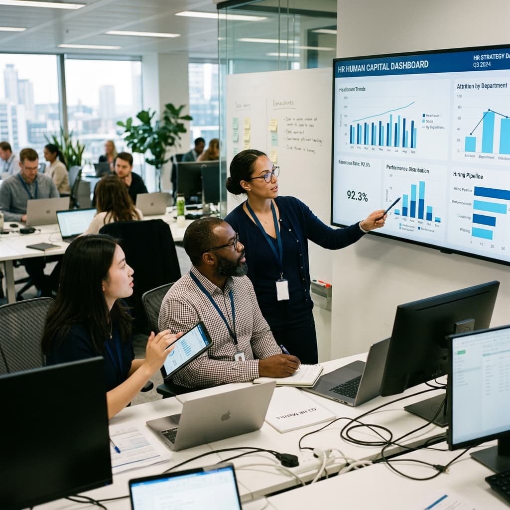 HR workforce analysts reviewing human resources dashboards and performance metrics on large displays in an office.