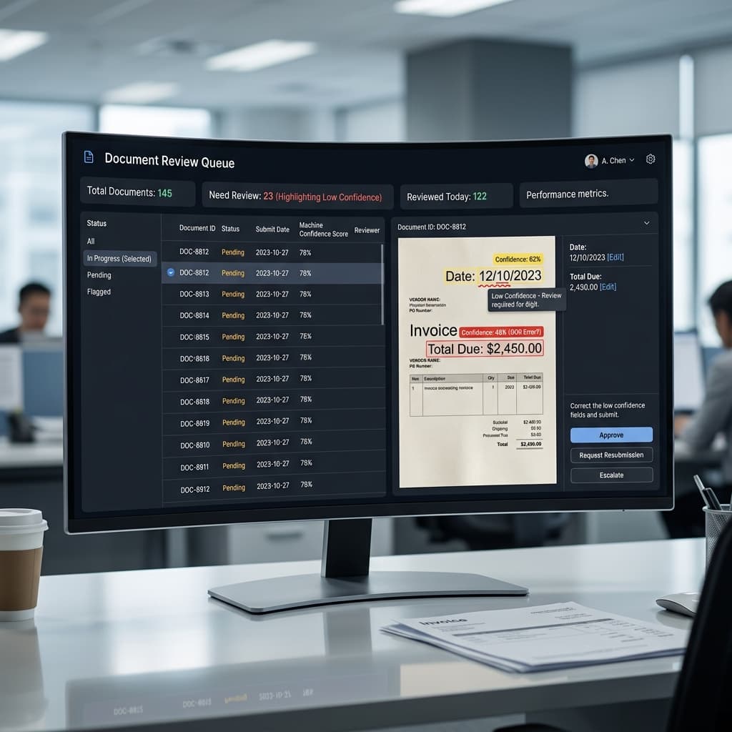 Human review queue dashboard highlighting low confidence tokens and source bounding boxes on scanned documents