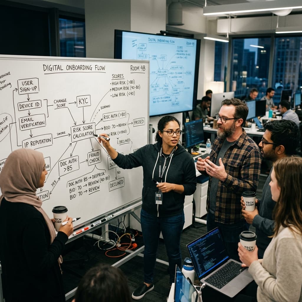 Fraud orchestration and security engineers reviewing a digital onboarding flow diagram showing verification scoring on a whiteboard.