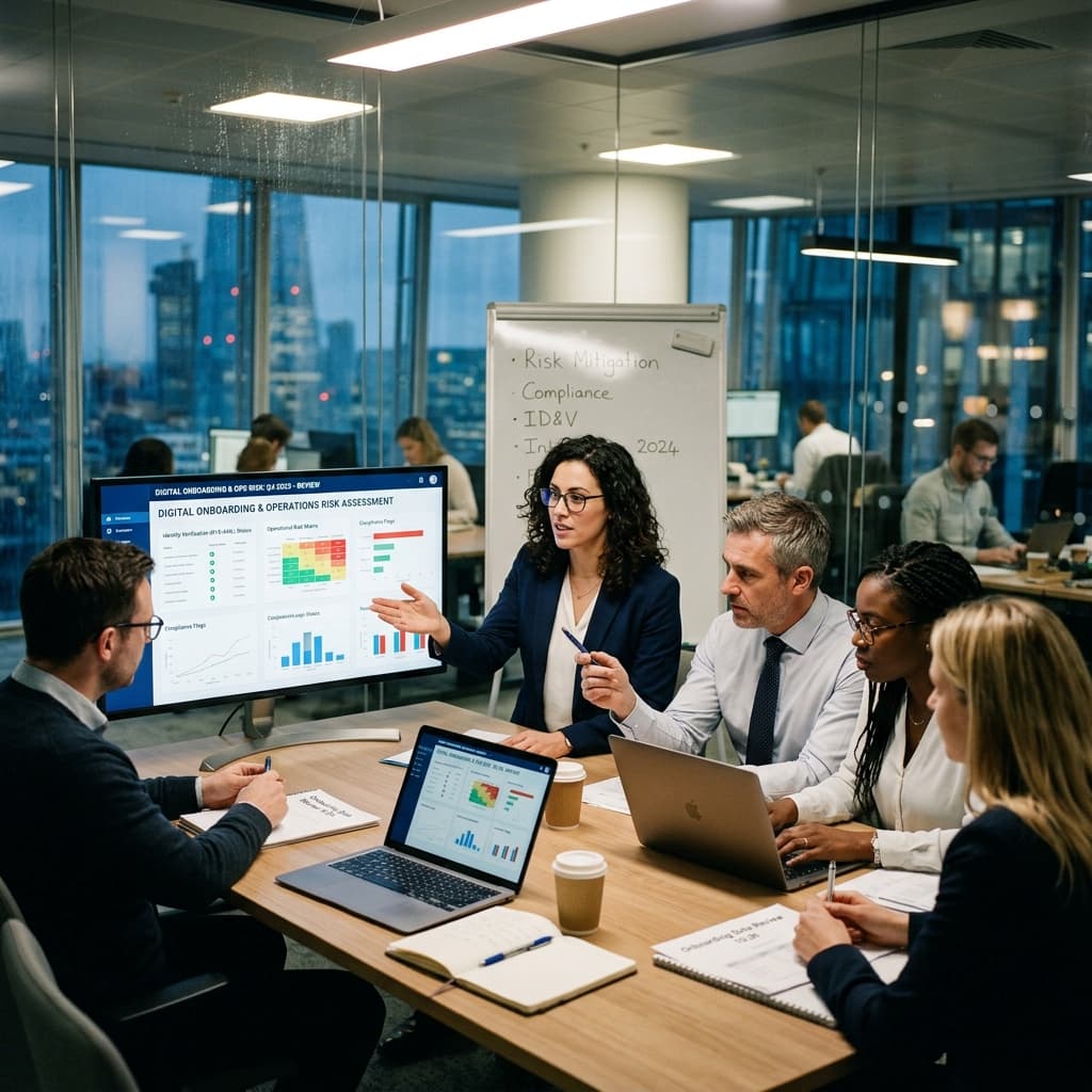 Corporate professionals reviewing digital onboarding identities and operations risk information in a meeting.