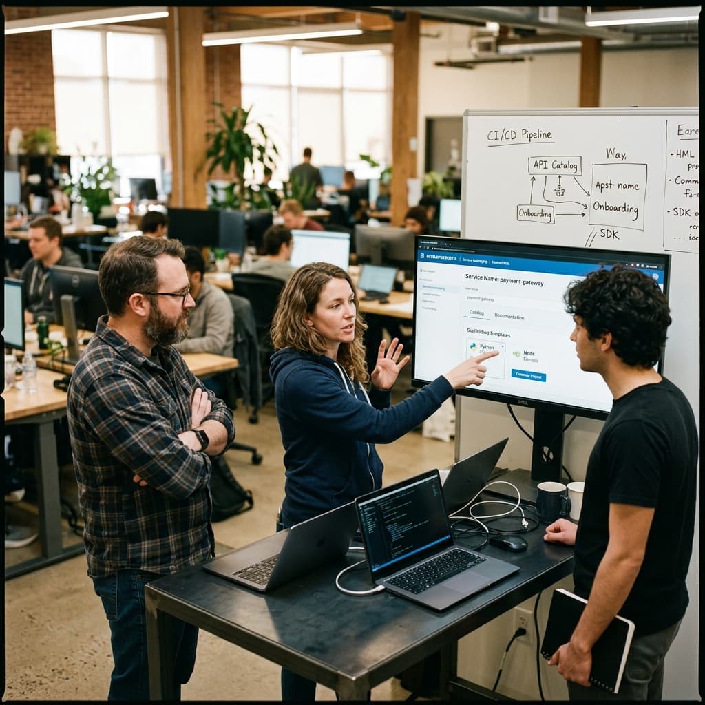 Platform engineers discussing developer portal cataloging, documentation, and scaffolding on a monitor.