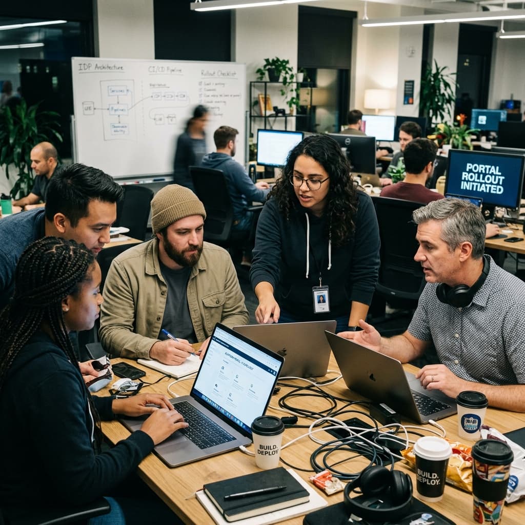 Platform engineering team collaborating around laptops during an internal developer portal rollout.