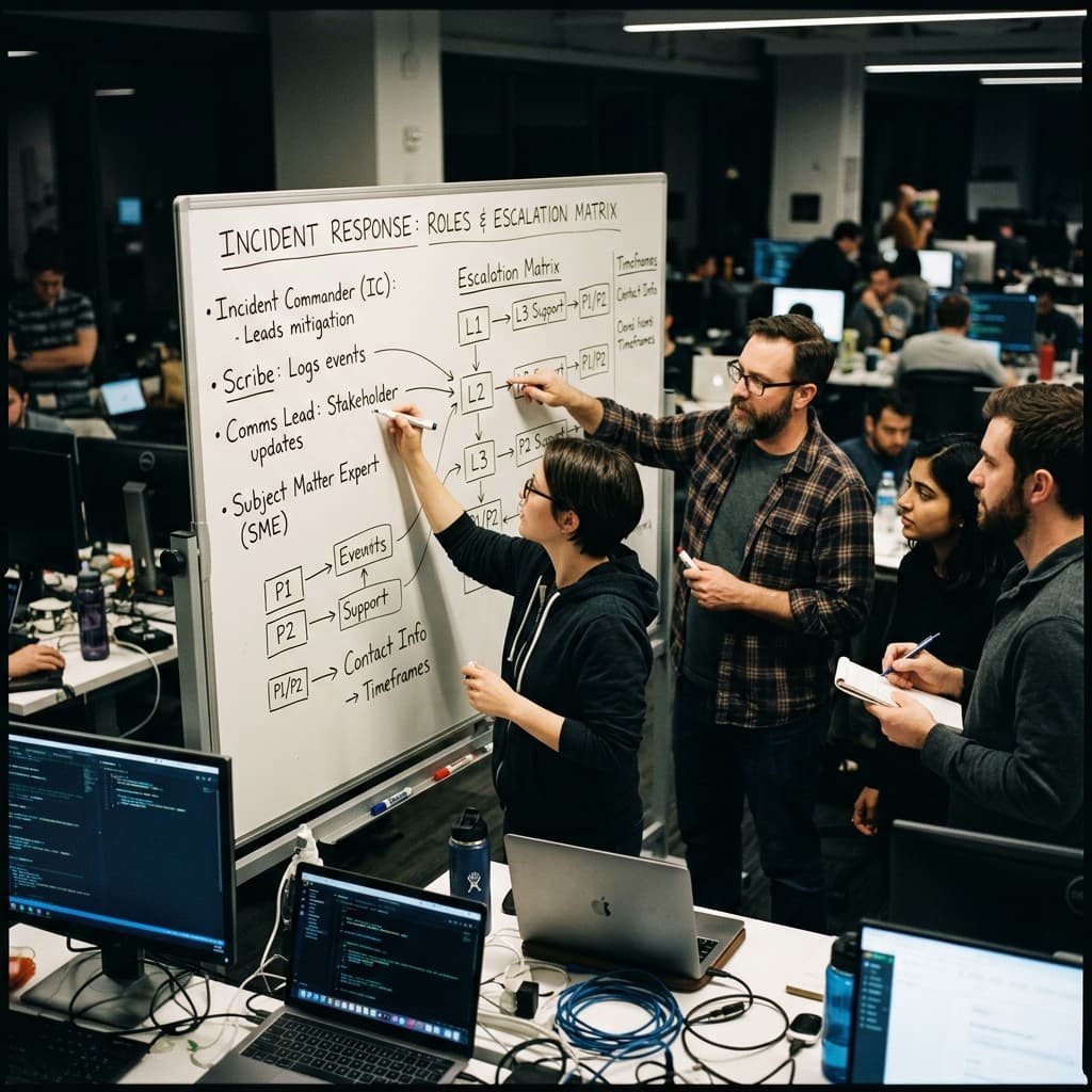 Software engineers outlining incident roles and escalation matrix on a whiteboard during a war room scenario.