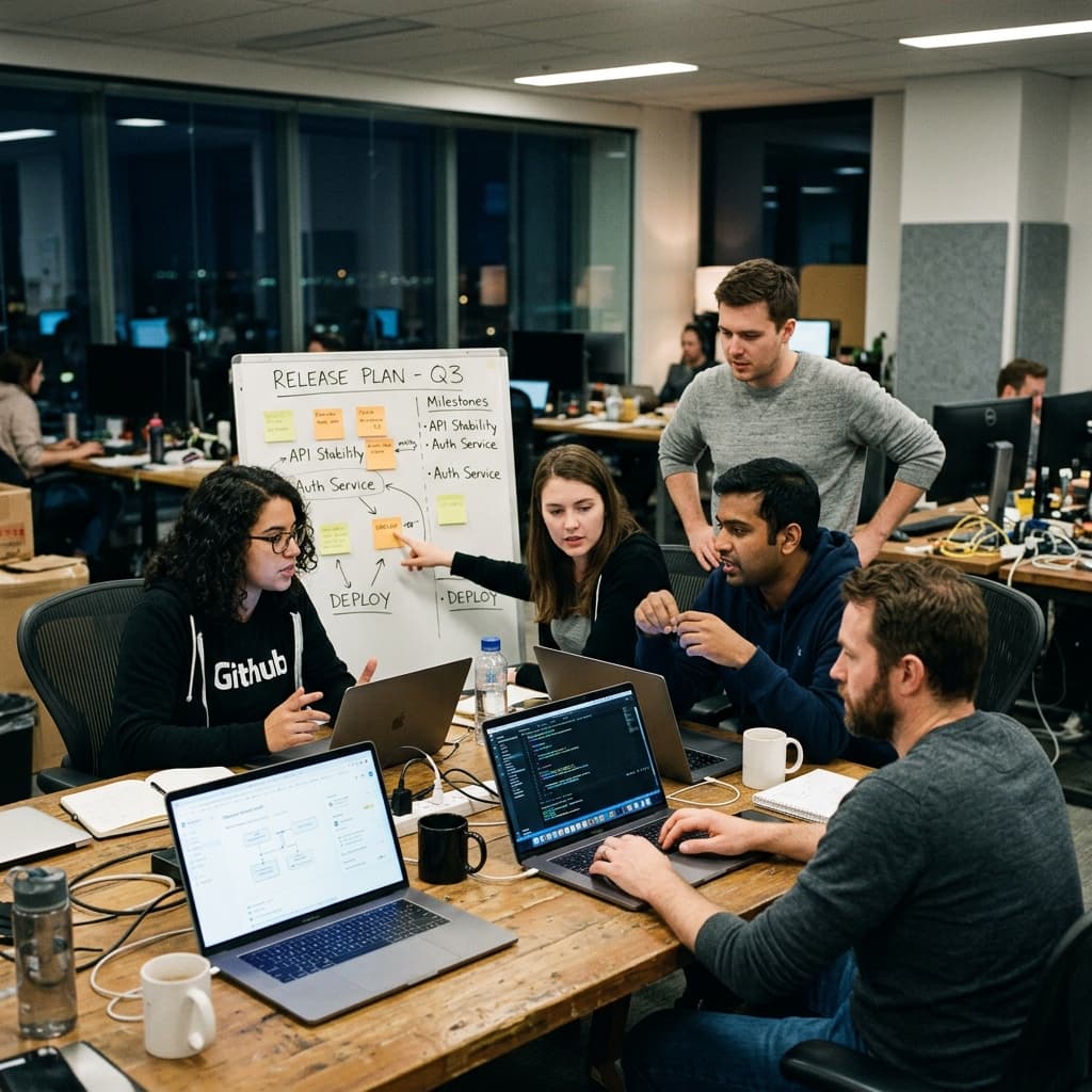 Engineering team collaborating around laptops during a release planning session.