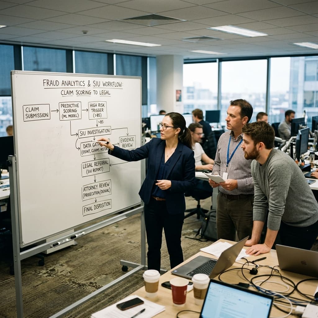 Insurance fraud analytics experts reviewing a claim scoring diagram through SIU to legal workflows on a whiteboard.