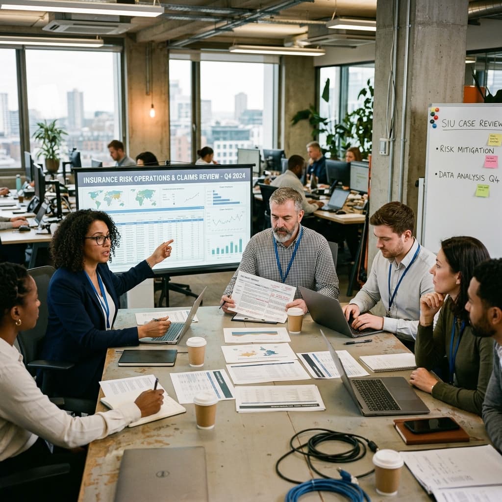 Insurance adjusters and SIU professionals reviewing insurance operations and risk information in a collaborative meeting.