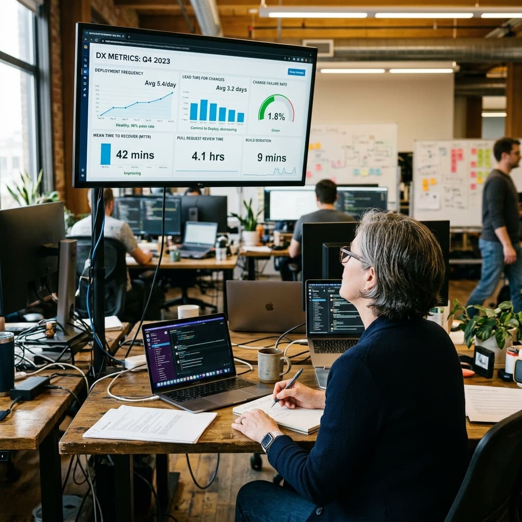 An engineering director reviewing developer experience KPIs.