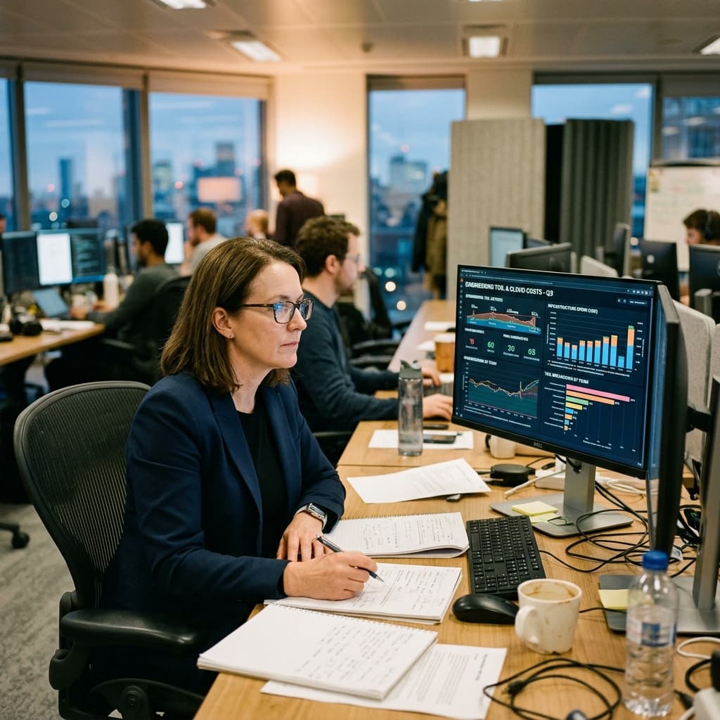 An executive reviewing engineering toil hours and financial cost charts.