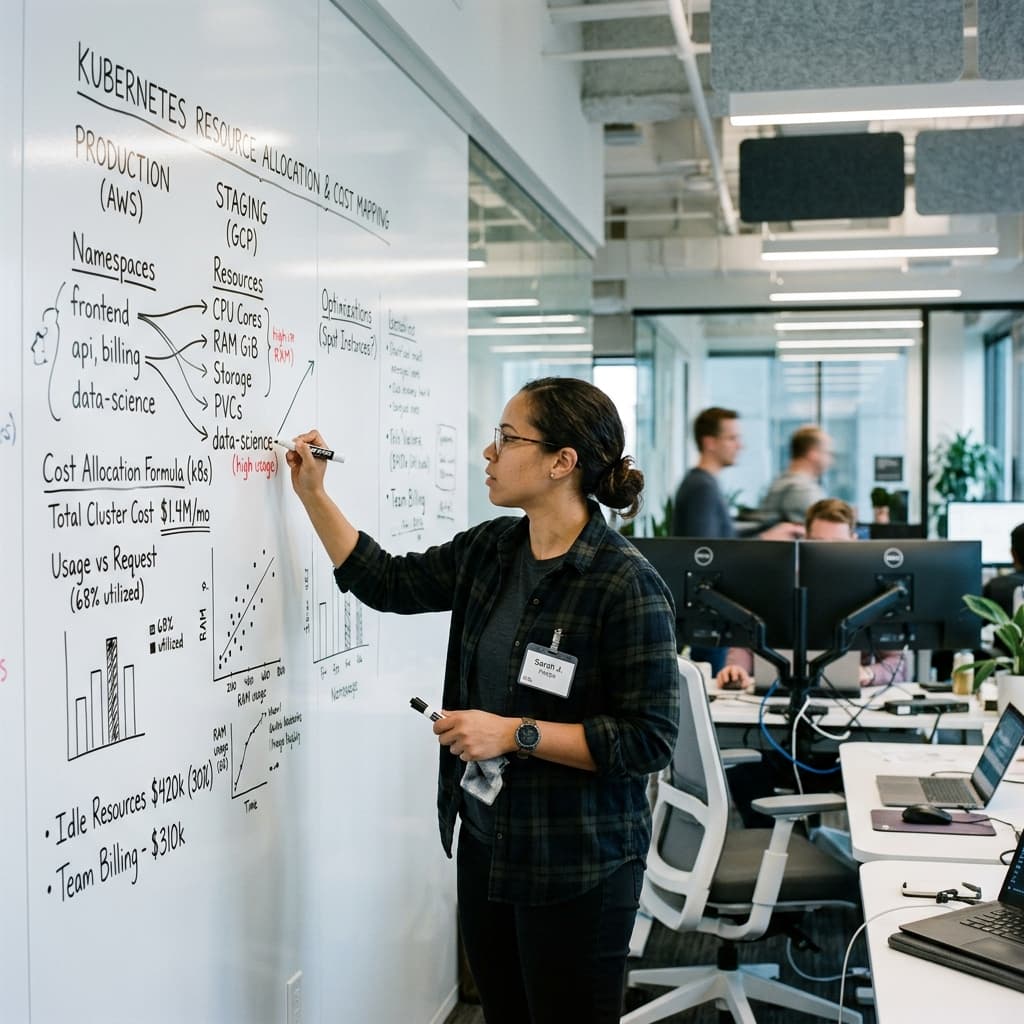 FinOps engineer analyzing Kubernetes resource allocation and namespace cost mapping on a whiteboard.
