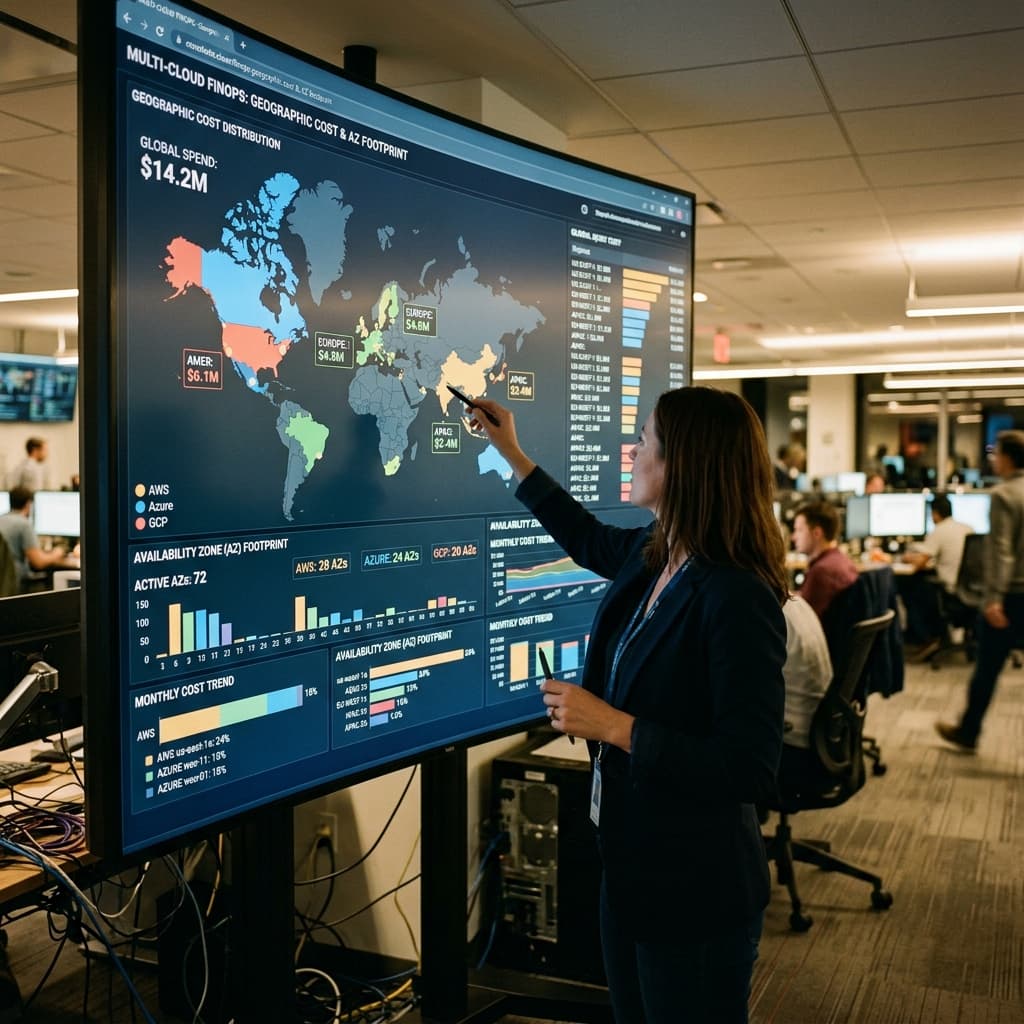 Multi-cloud FinOps dashboard projecting geographic cost distribution and availability zone footprint.