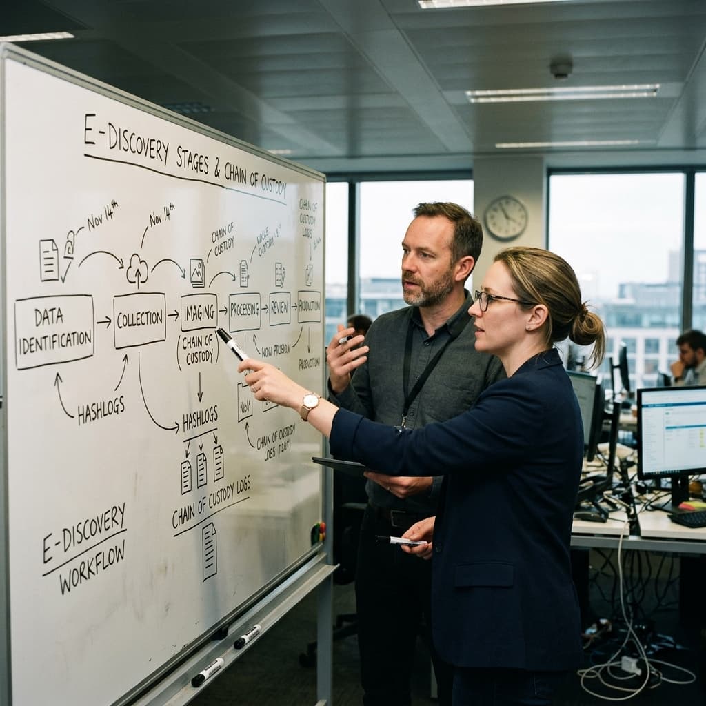 Legal tech professionals reviewing a linear diagram of e-discovery stages and chain of custody on a whiteboard.