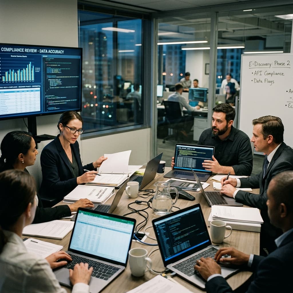 Corporate legal teams and tech professionals reviewing discovery and compliance information in an office meeting.