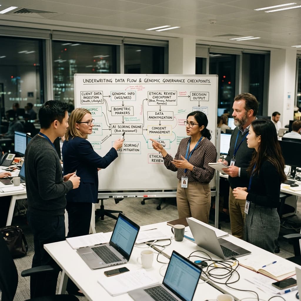Life insurance underwriters and tech ethics professionals reviewing a diagram of life insurance underwriting data and governance checkpoints for genomic information on a whiteboard.