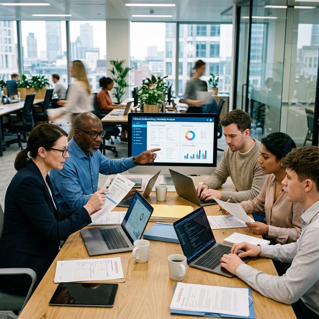 Healthcare and technology professionals reviewing life insurance and clinical underwriting information together in an office.
