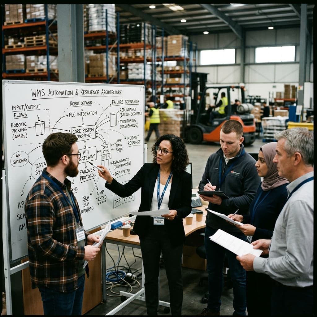 Logistics and tech professionals reviewing a warehouse management systems automation and resilience diagram on a whiteboard.