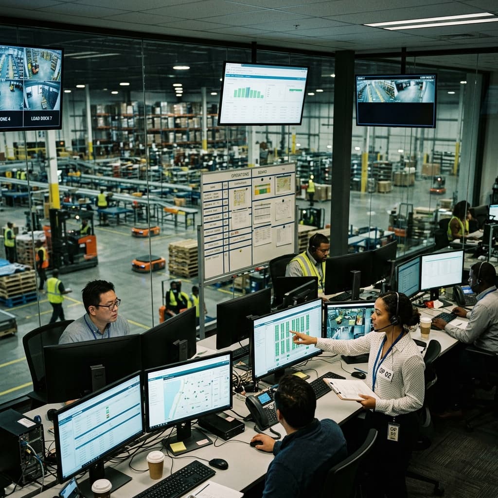 Logistics operations staff coordinating warehouse and supply chain activity from a tech control room overlooking a logistics floor.