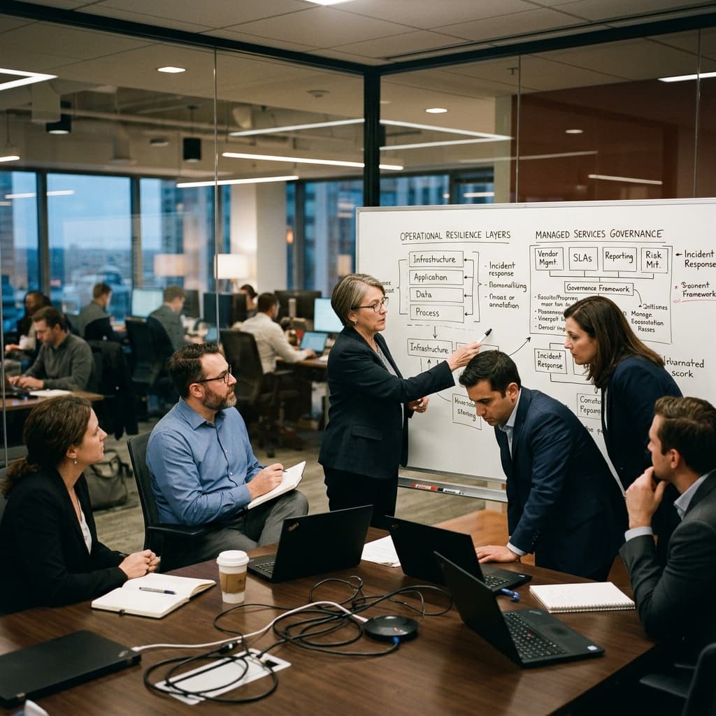 Technology leaders and procurement professionals reviewing a diagram of operational resilience layers and managed services governance on a whiteboard.