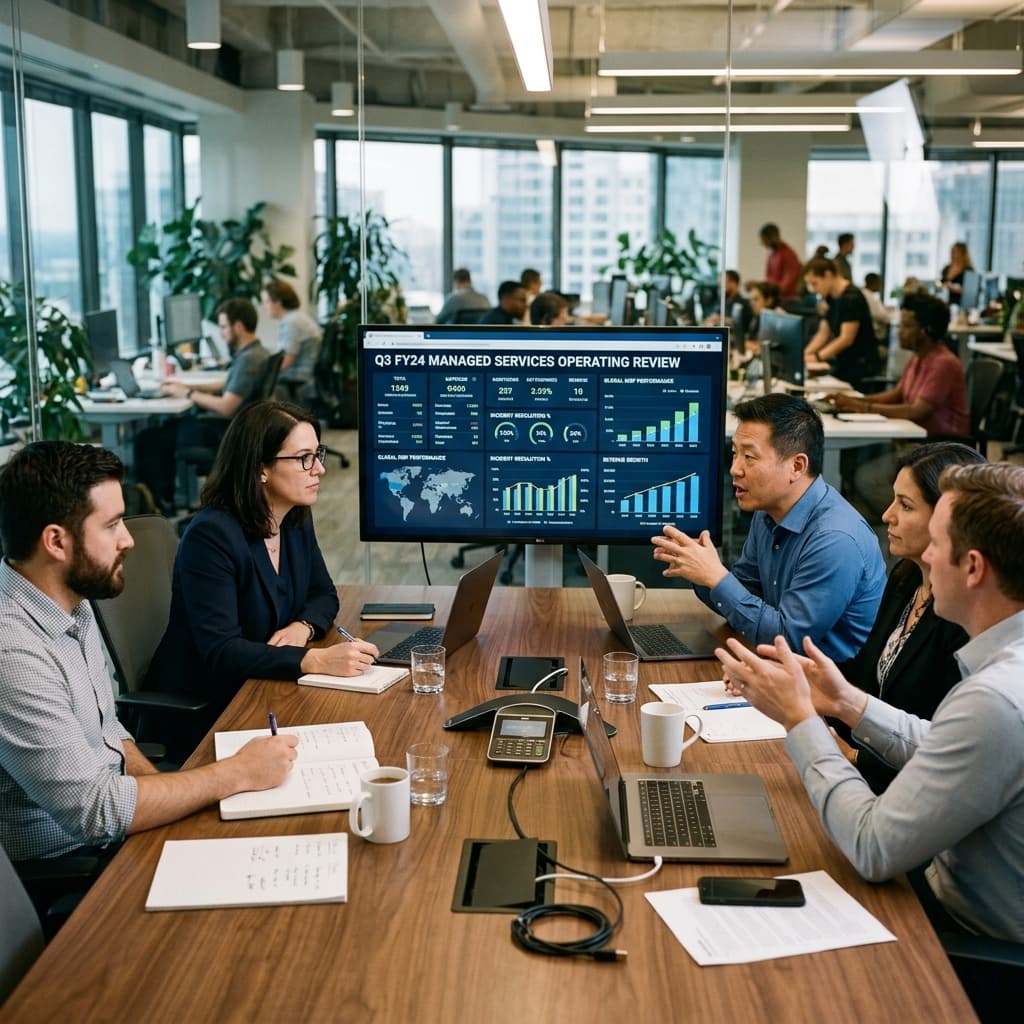 Technology leadership team collaborating at a conference table during an open managed services operating review.