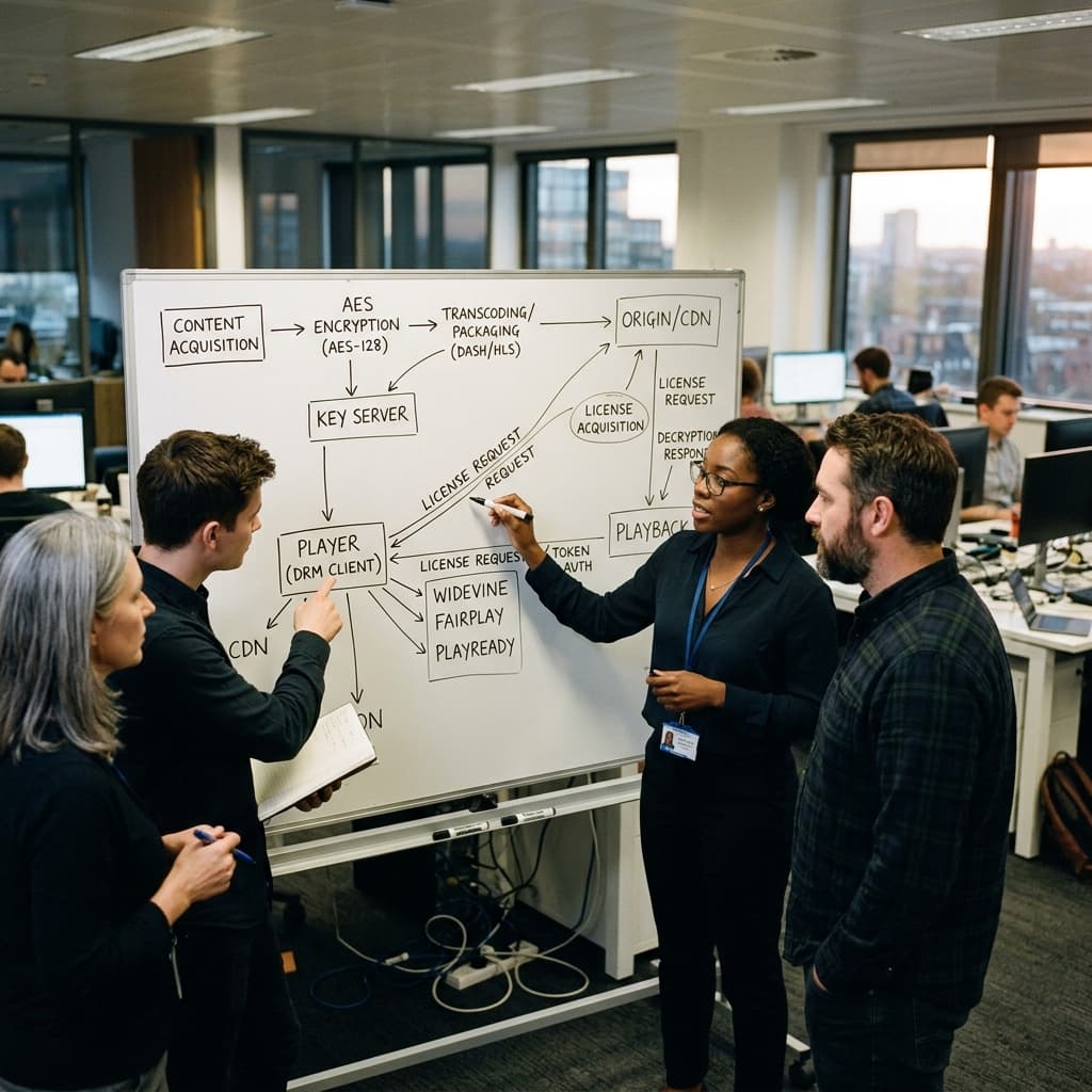 Media tech professionals reviewing a diagram of the streaming content protection chain and DRM license issuance on a whiteboard.