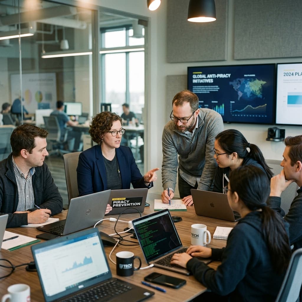 Cross-functional media anti-piracy team linking trust and safety, legal, and engineering professionals at a conference table.