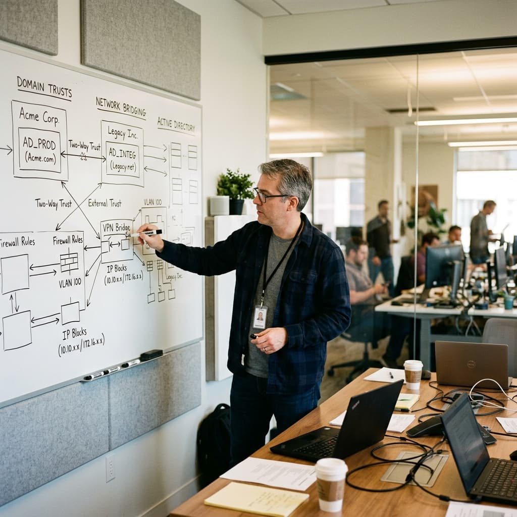 M&A IT integration architect mapping domain trusts and network bridging on a whiteboard.