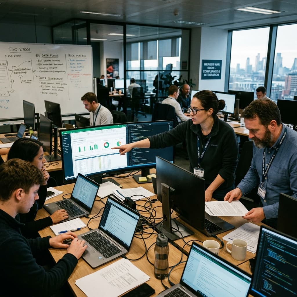 Information security professionals reviewing compliance data in a modern tech office during a corporate merger integration.
