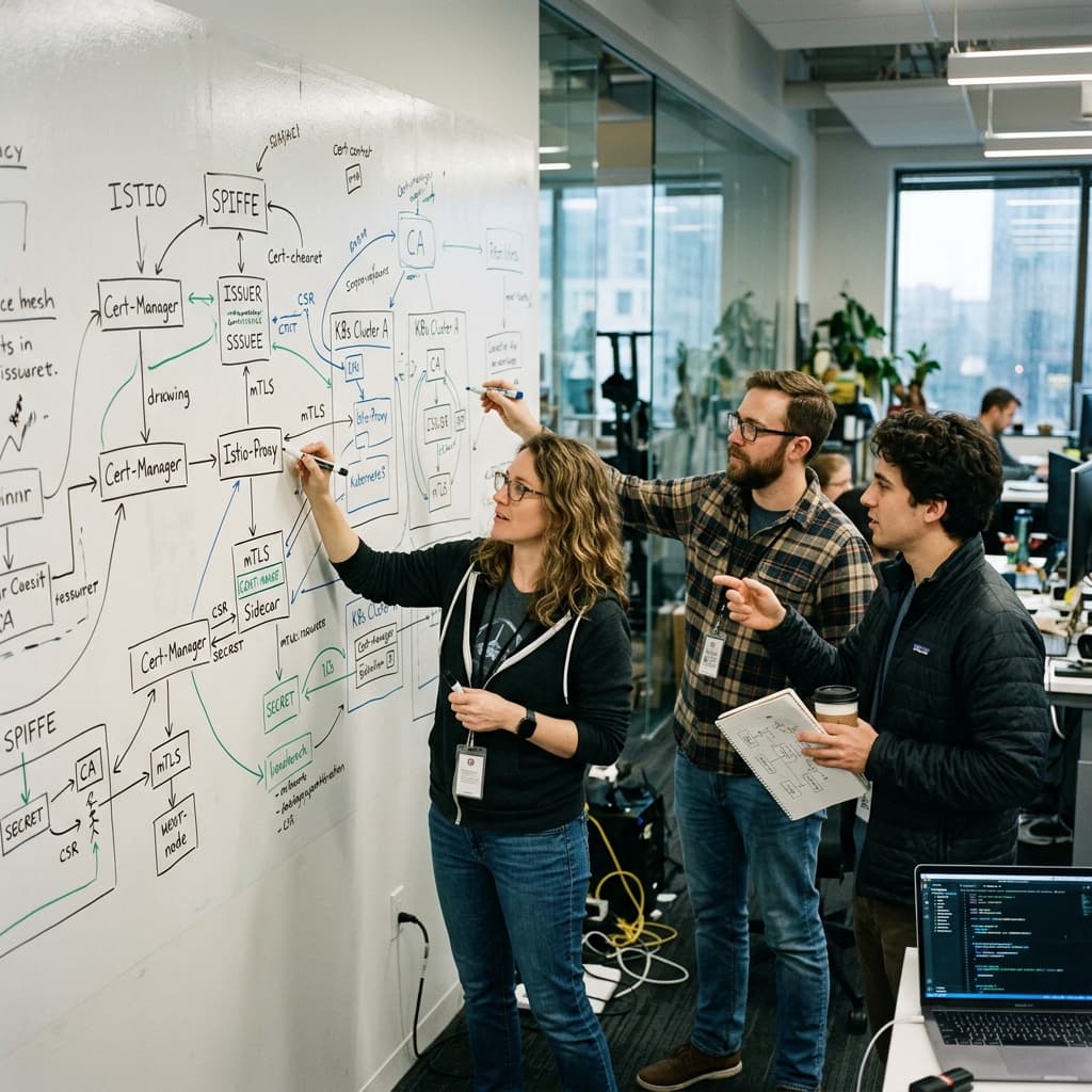 Platform engineers mapping out service mesh mTLS certificate issuance on a large whiteboard.