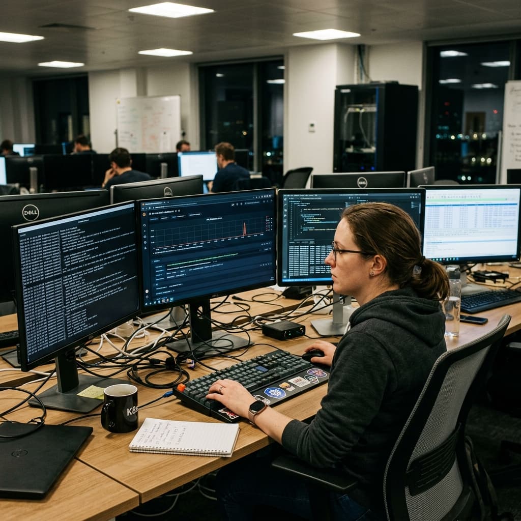 Platform engineer debugging mTLS handshake failures spanning multiple monitors.