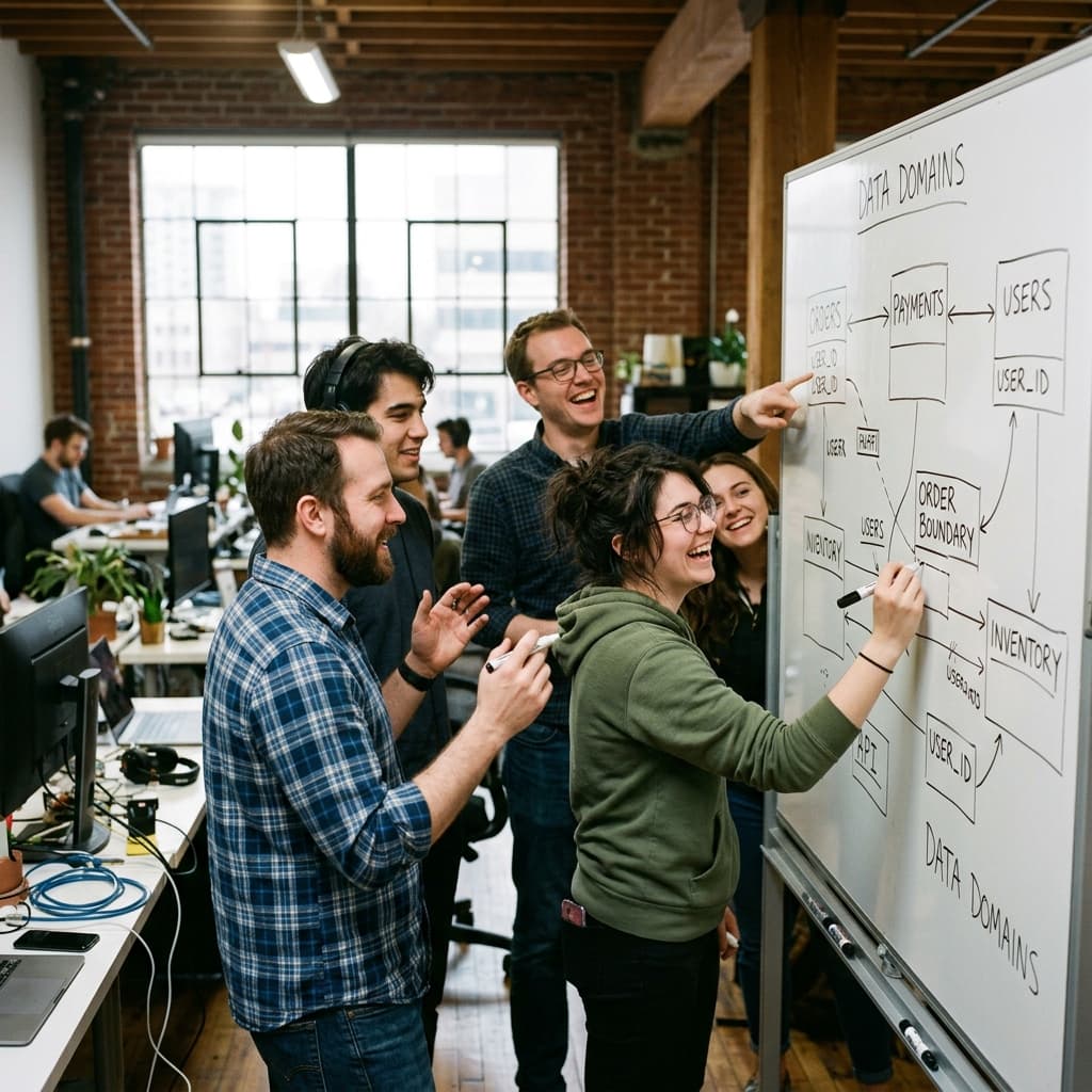 An engineering platform team mapping data domain boundaries on a whiteboard.