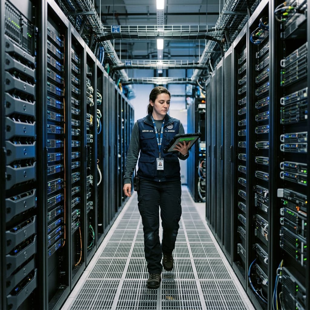 An infrastructure engineer monitoring servers in a data center.