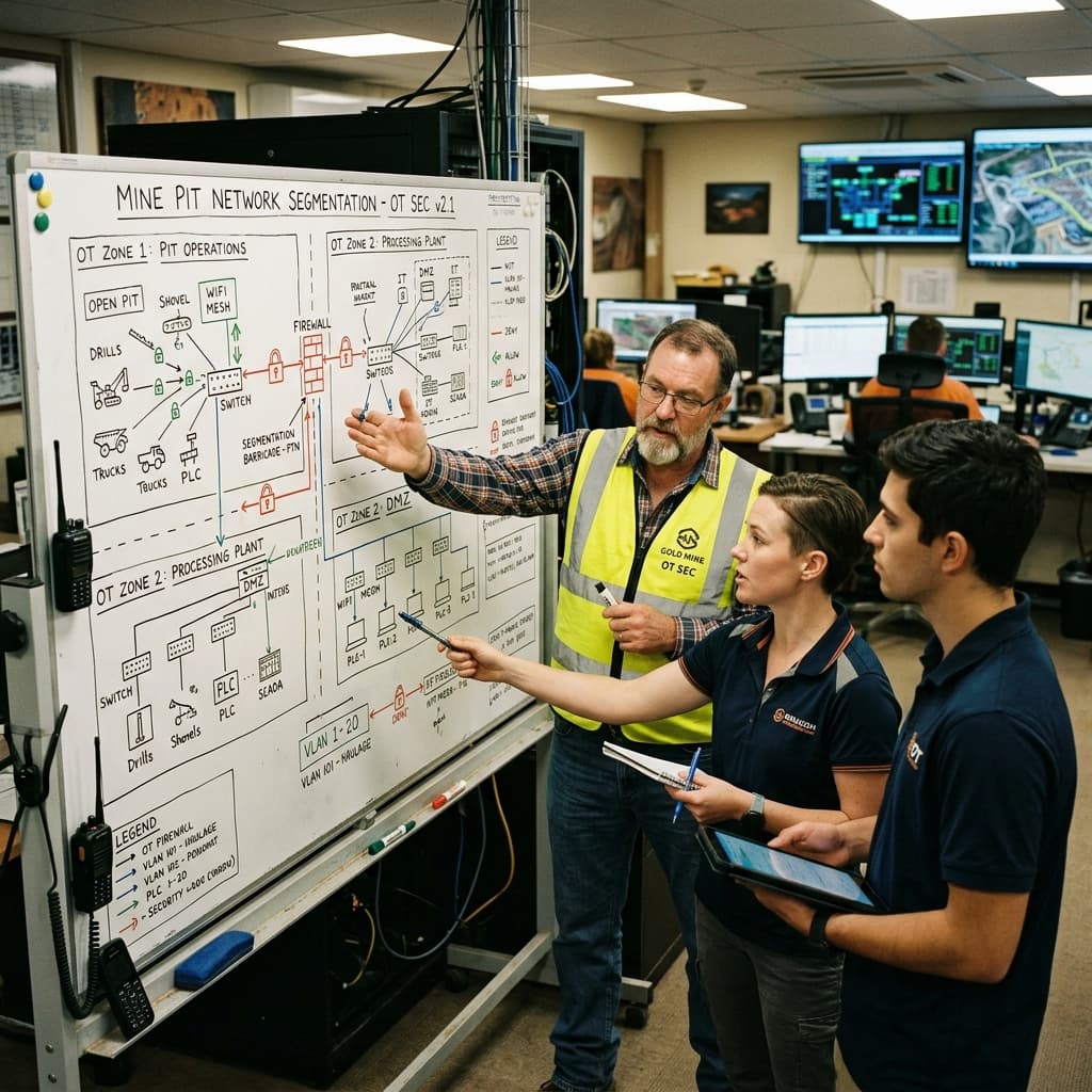 Mining operational technology security engineers reviewing a diagram of mine pit network segmentation on a whiteboard.