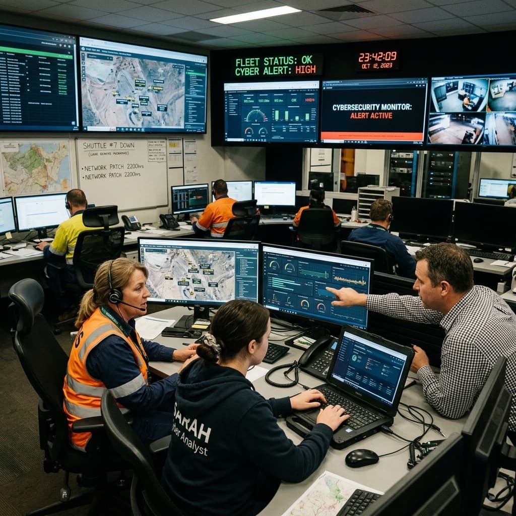 Mining operations staff and cybersecurity professionals coordinating fleet activity from a tech control room.
