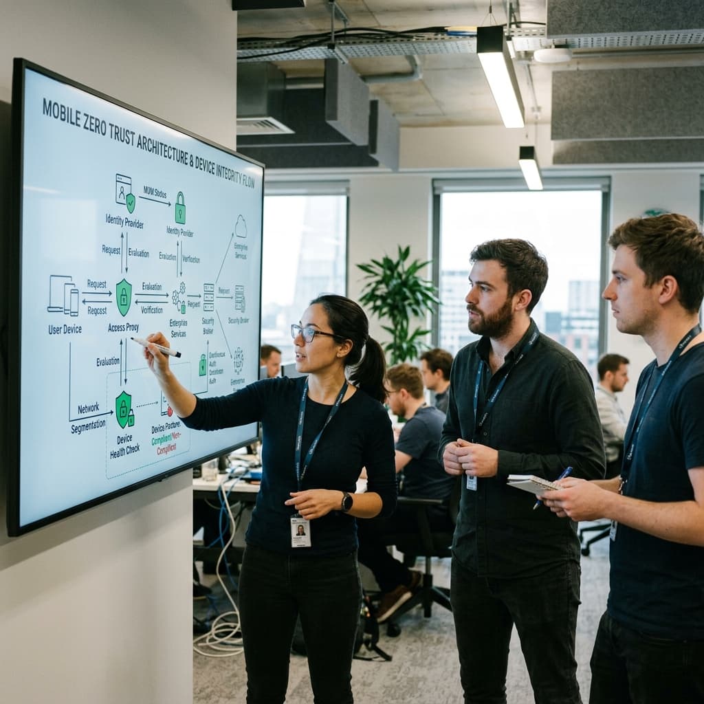 Security engineers discussing mobile zero trust architecture flow and device integrity on a large screen monitor.