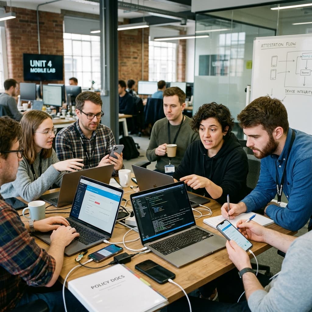 Mobile developers collaborating around laptops testing application attestation policies.