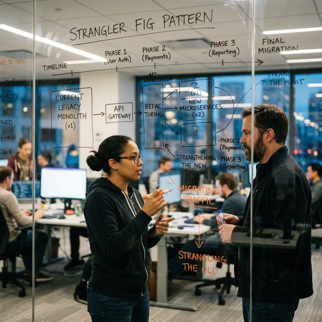 Software engineers outlining the Strangler Fig modernization pattern on a glass wall.