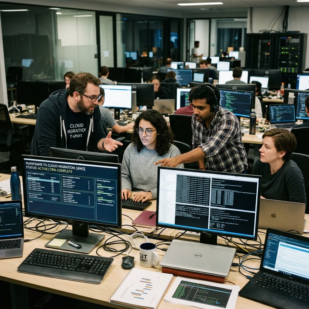 Software developers collaborating around monitors during an active main-frame to cloud system migration.