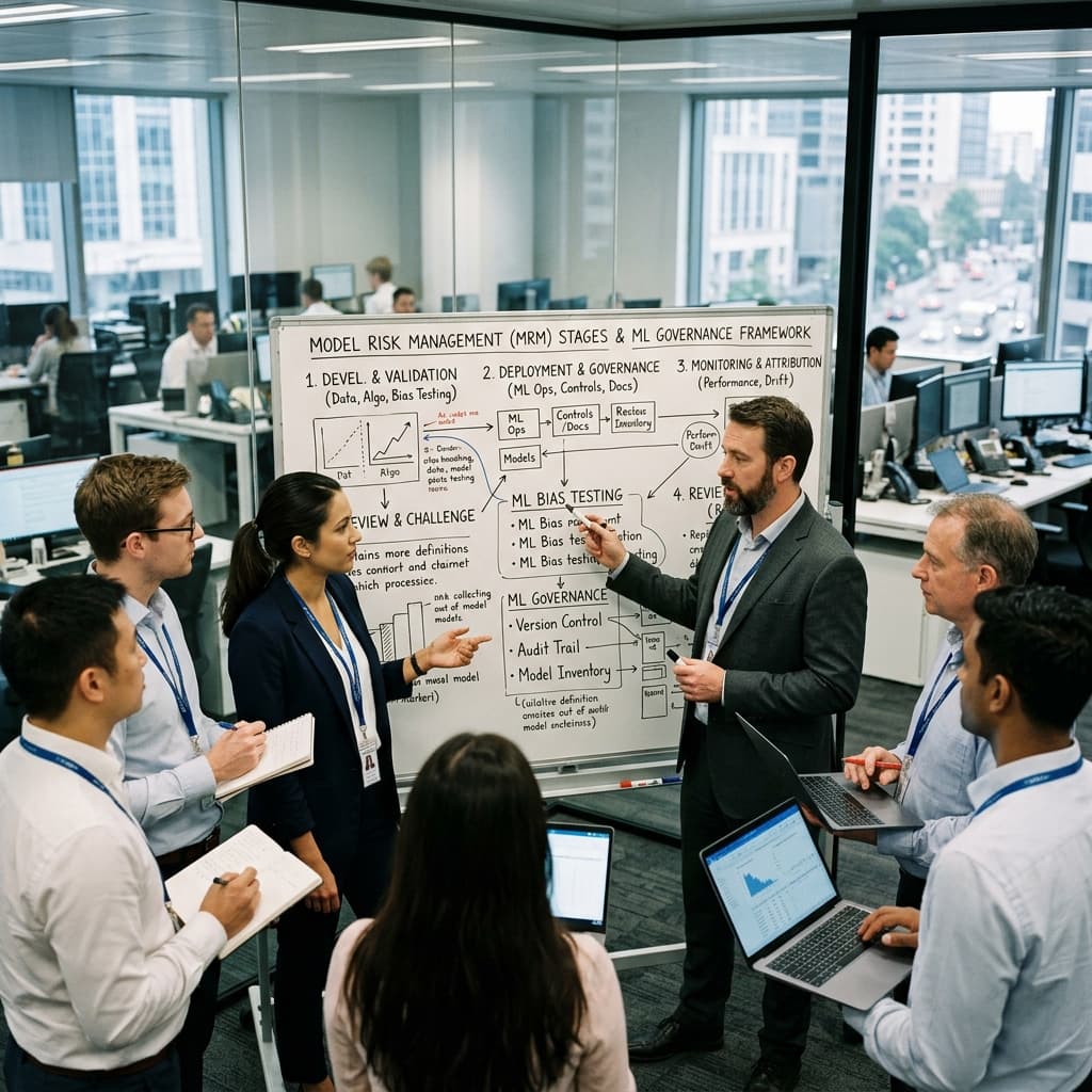 Banking quantitative risk professionals and tech compliance officers reviewing a diagram of model risk management stages and machine learning governance on a whiteboard.