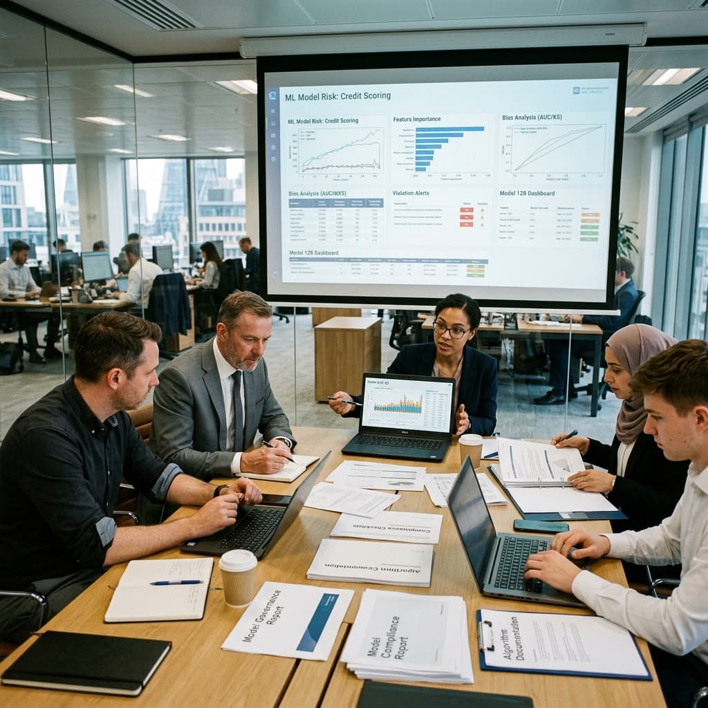 Banking quantitative risk professionals and compliance officers reviewing machine learning risk information in a collaborative office meeting.