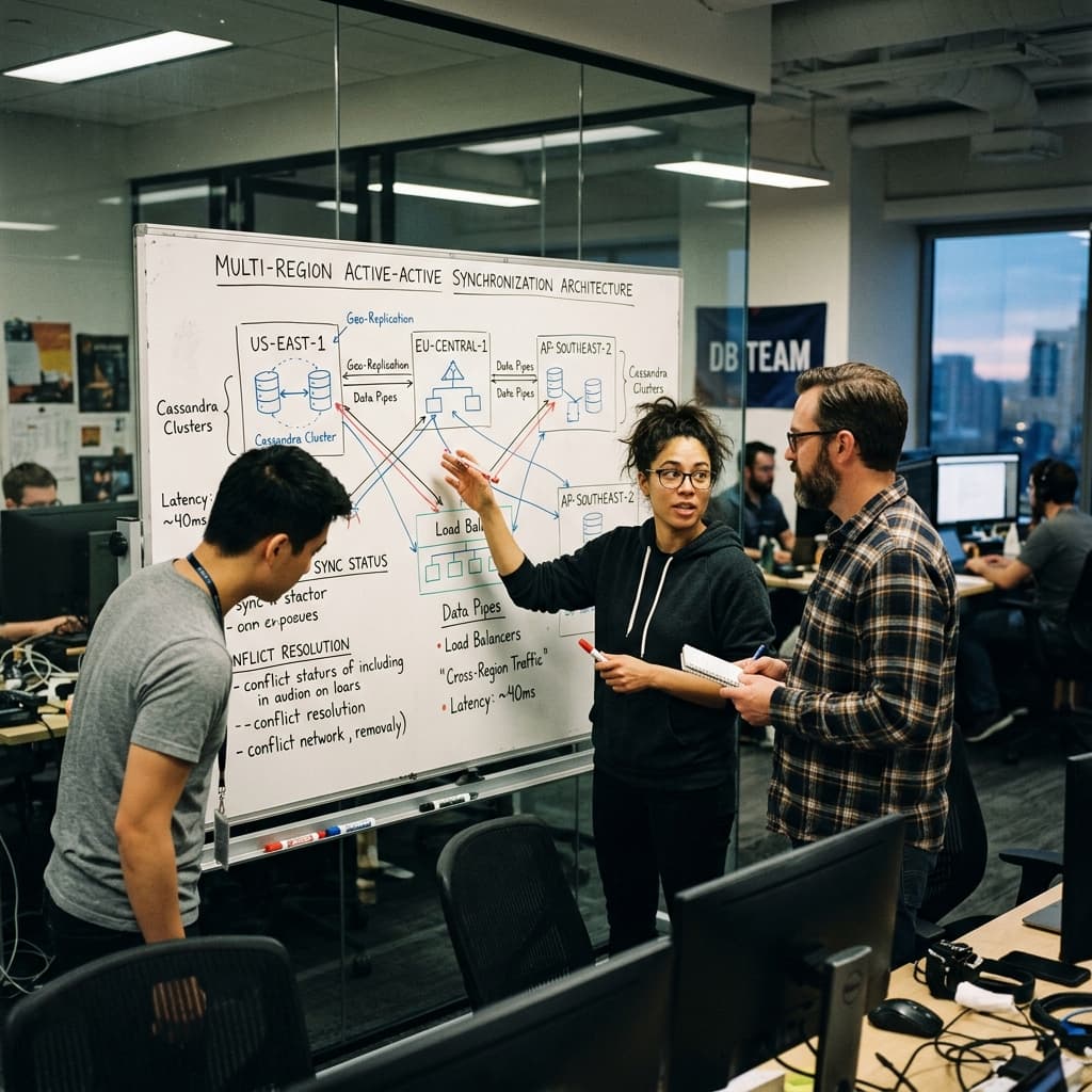 Database engineers reviewing a multi-region active-active synchronization architecture on a whiteboard.