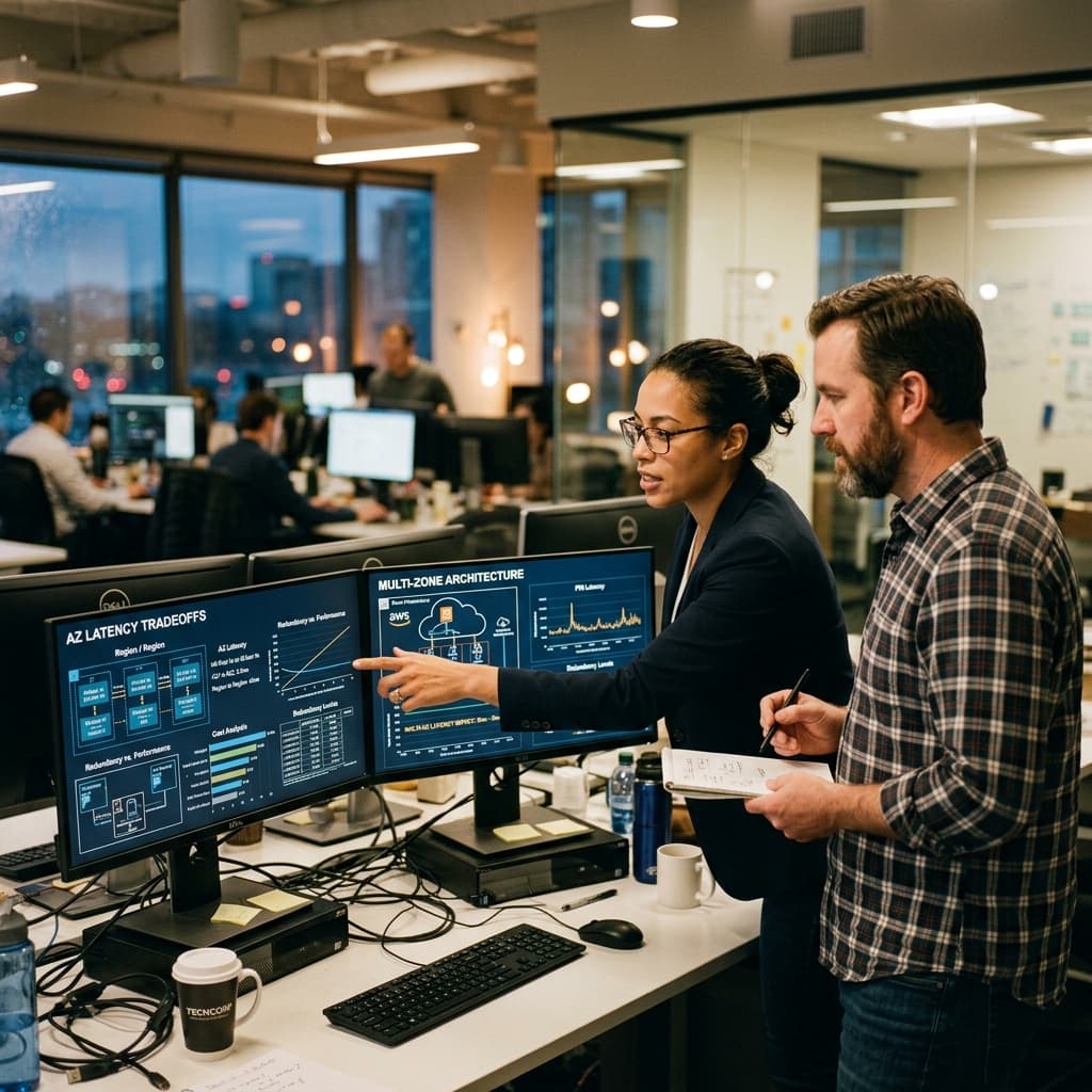 Two cloud architects discussing latency tradeoffs of multi zone redundancy on dual monitors.
