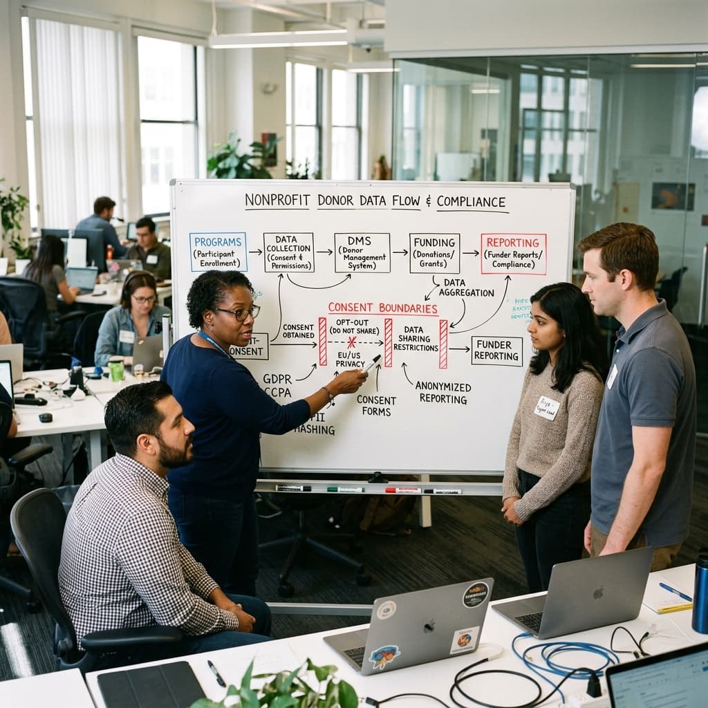 Nonprofit data and compliance professionals reviewing a diagram of donor data from programs to funder reporting on a whiteboard.