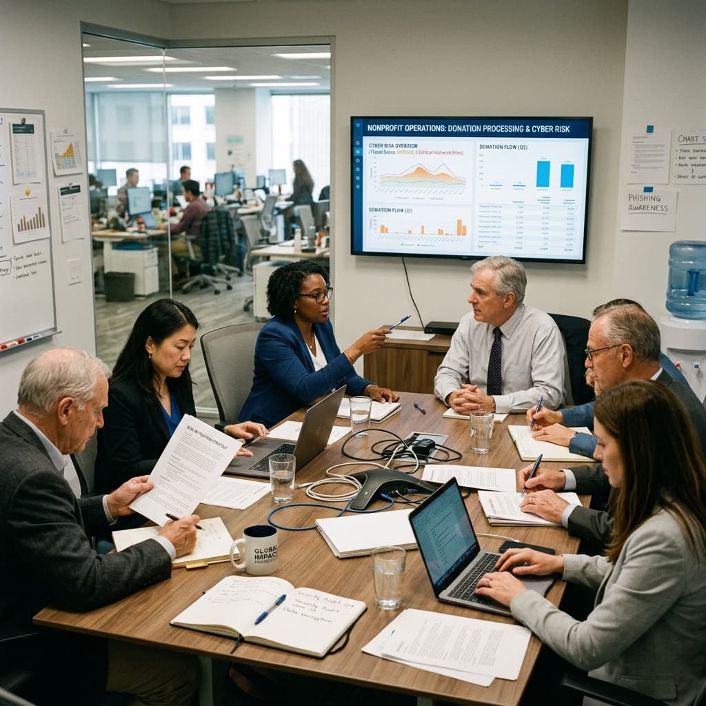 Nonprofit board of directors reviewing donation processing operations and cyber risk information at a collaborative meeting.
